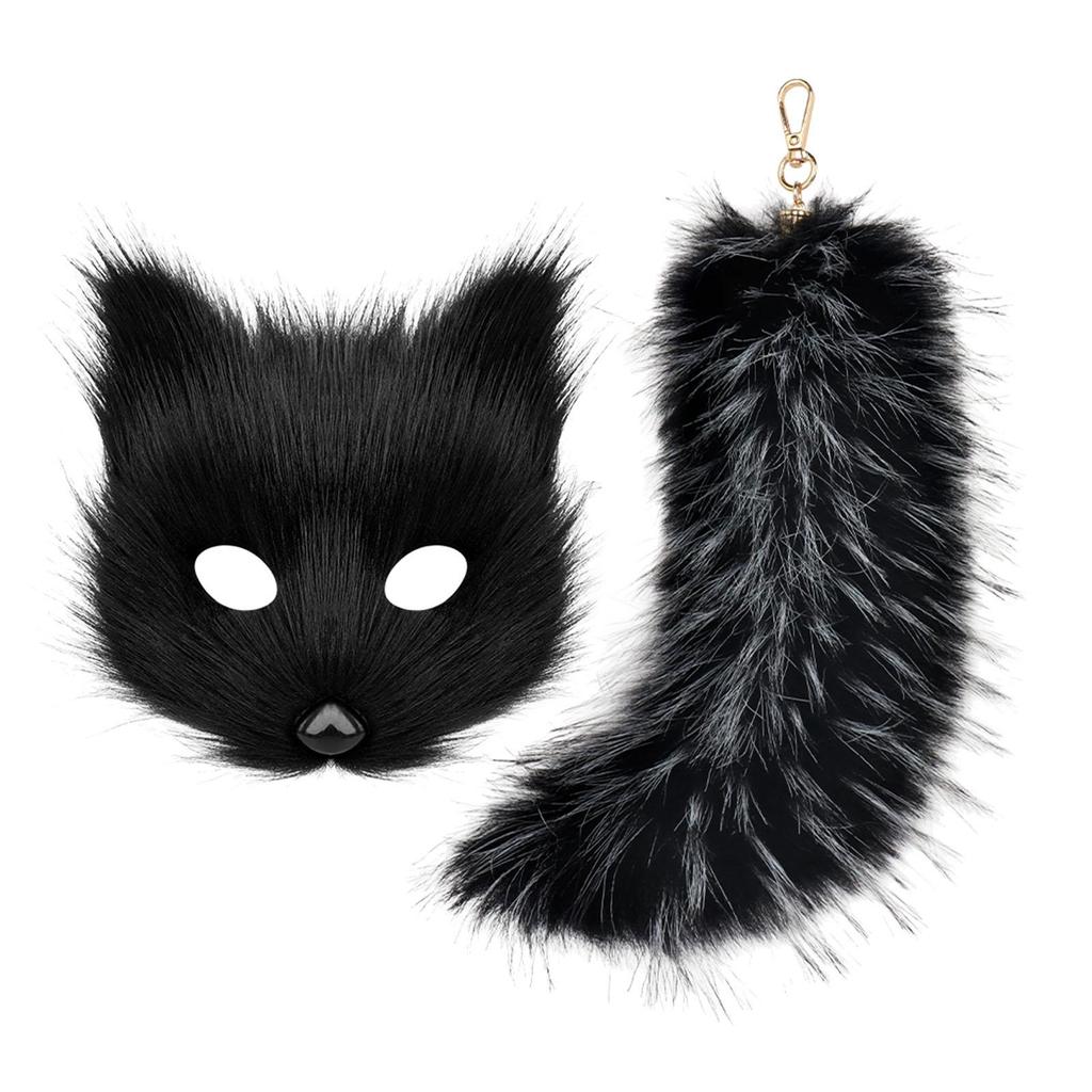 Therian Mask and Tail Plush Tail Keychain Halloween Costume Accessories for
