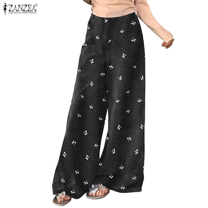 ZANZEA Women Casual Elastic Waist Loose Print Straight Pants