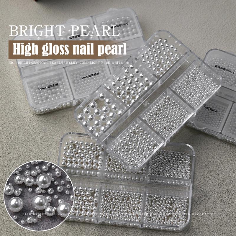 6/12 Grids Pearl Nail Art Decorations White Half Round Flat Bottom Full Circle Mixed Size Nail Art Diy Accessories