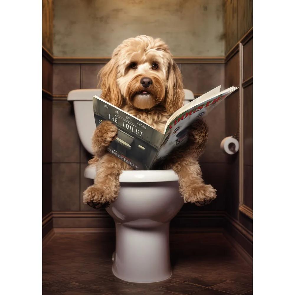 Funny Bathroom Poster Dog Reading Newspaper On Toilet Prints Pet Owner Gift Canvas Painting Wall Art Picture Home Bathroom Decor