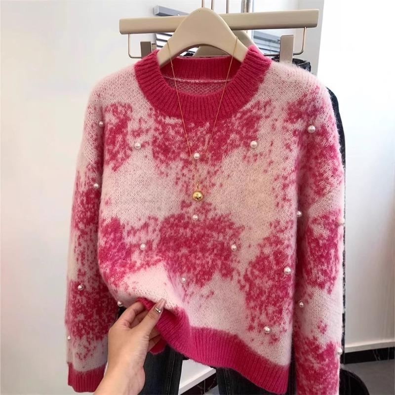 Contrast color tie-dye pink crew neck sweater women's early autumn new high-end feeling super good-looking nail beads