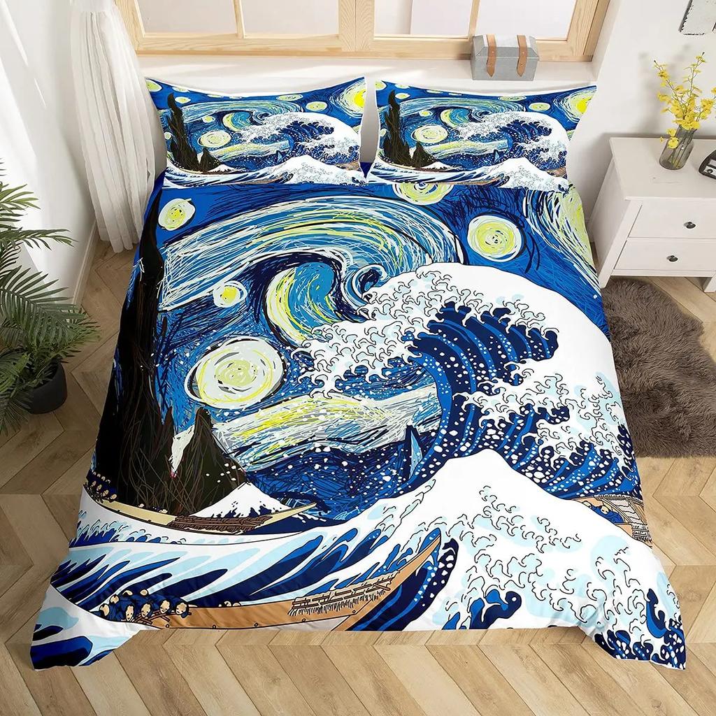Japanese Ukiyo-E King Queen Duvet Cover Golden Fish Hokusai Bedding Set Crane Wave Quilt Cover Red Sun Polyester Comforter Cover