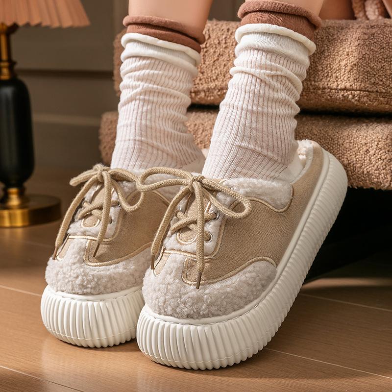 Fashion shoelaces Baotou cotton slippers women's autumn and winter new outer wear fleece warm indoor home plush cotton shoes