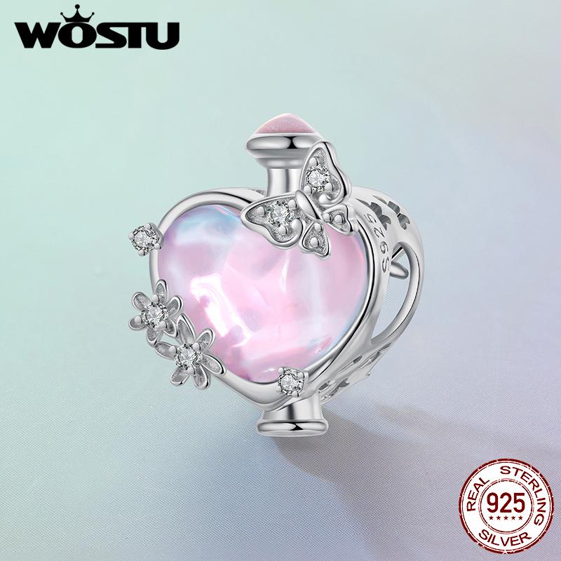 WOSTU 925 Sterling Silver Pink Charms Bead Collection Butterfly lotus Perfume Bottle Umbrella Pendant Fit DIY Bracelet Necklace