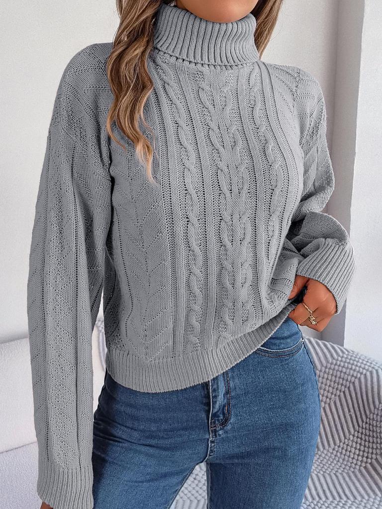 Women's 2023 Autumn/Winter Casual High Neck Cable Knit Long Sleeve Pullover Sweater