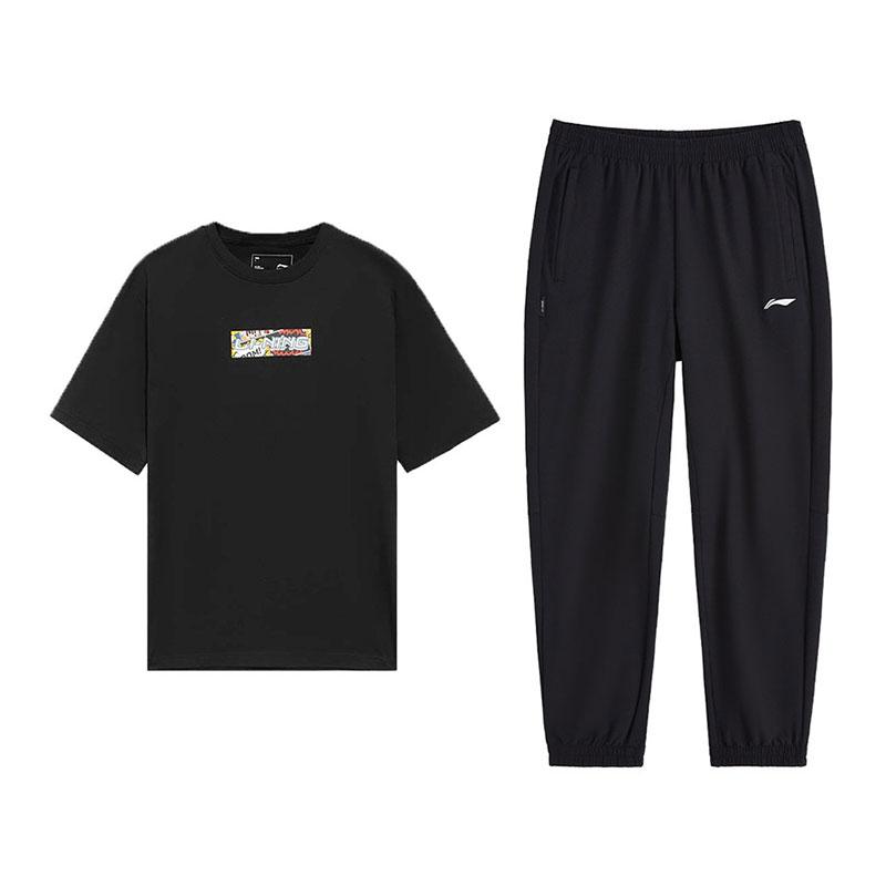 

Li-Ning Lightweight Versatile Breathable Sports Short Sleeve Top Comfortable Long Pants Casual Set Unisex sets Black U797-2+V809-1 L