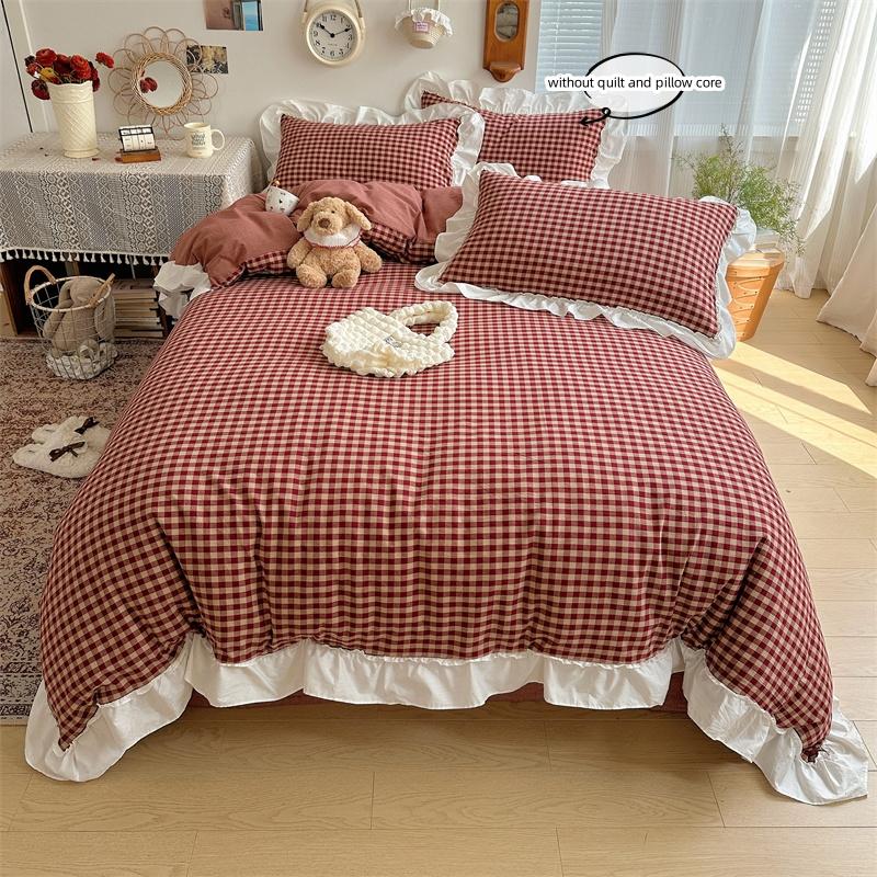 3pcs Red,black Plaid Duvet Cover Set (1*Duvet Cover + 2*Pillowcase, Without Core), Lace Embroidery Bedding Set