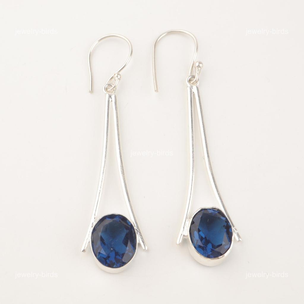Oval London Blue Topaz Gemstone 925 Silver Dangle Drop Trendy Handmade Earrings EE-136-10