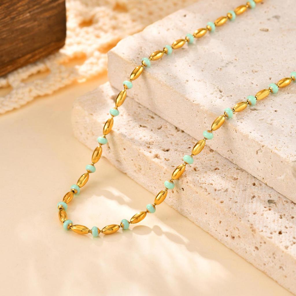 Dainty Green Rice Bead Necklace for Women,18K Gold Plated Stainless Steel Necklaces,Trendy Jewelry Gifts