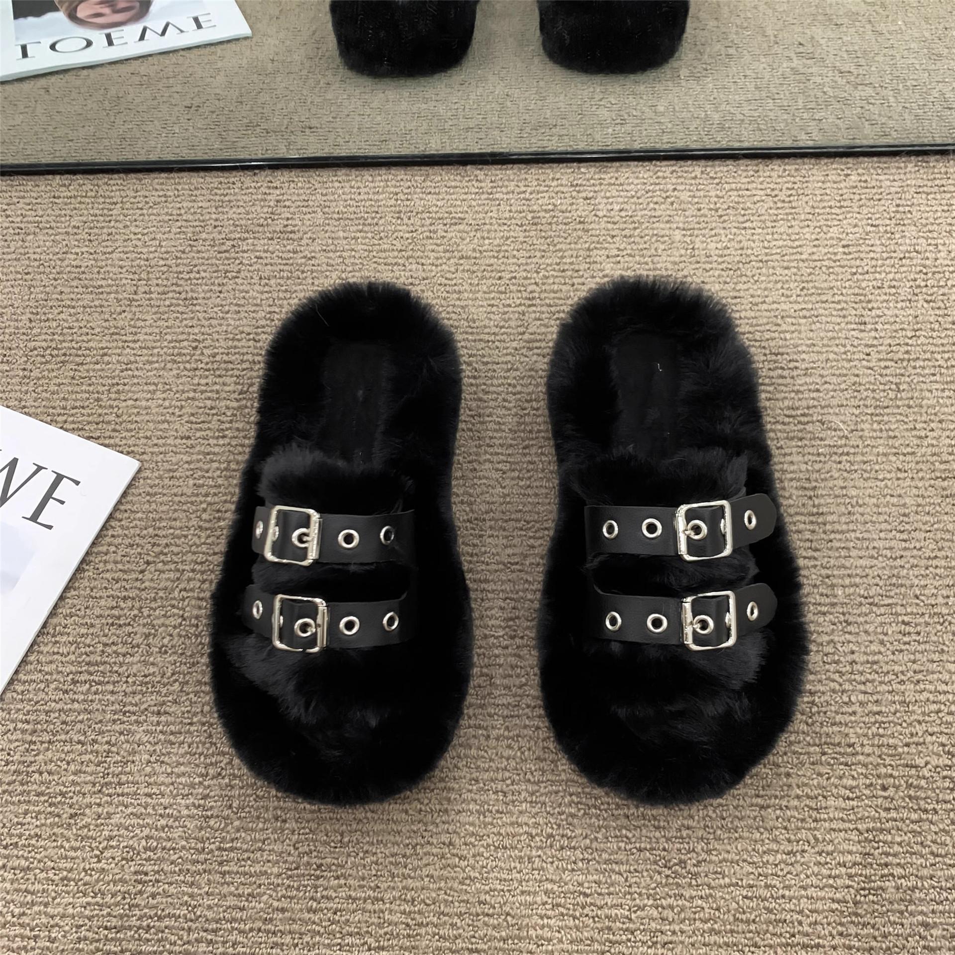 

Thick-bottomed versatile fluffy slippers women s 2025 autumn and winter new non-slip home wear one word out plush cotton mop 35 чёрный