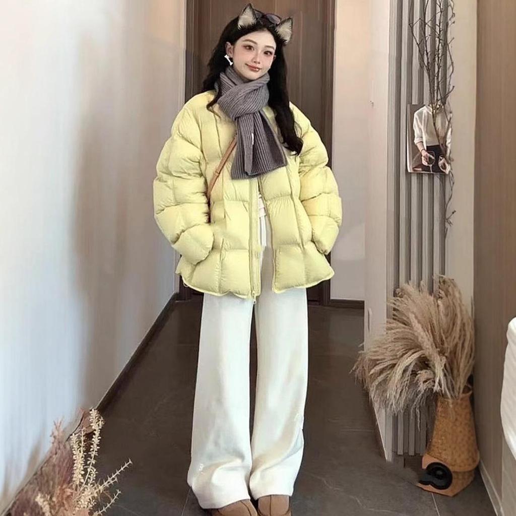 2024 Women's Korean Style Quilted Check Down Puffer Jacket - Round Neck, Warm & Loose Fit for Winter