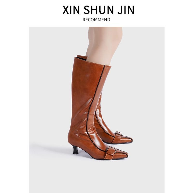 Retro Belt Buckle Boots Women's Fashion Boots Thick Heel Pointed Side Zipper Thin Versatile Fashion Boots