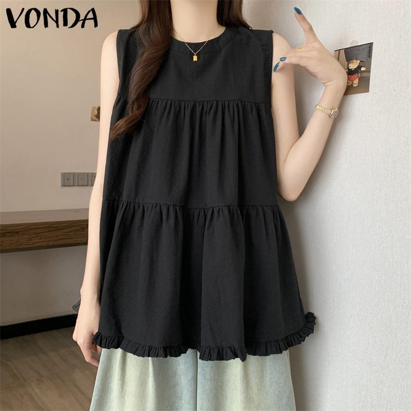 VONDA Summer Women Casual Round Neck Ruffled Loose Sleeveless Tank Tops