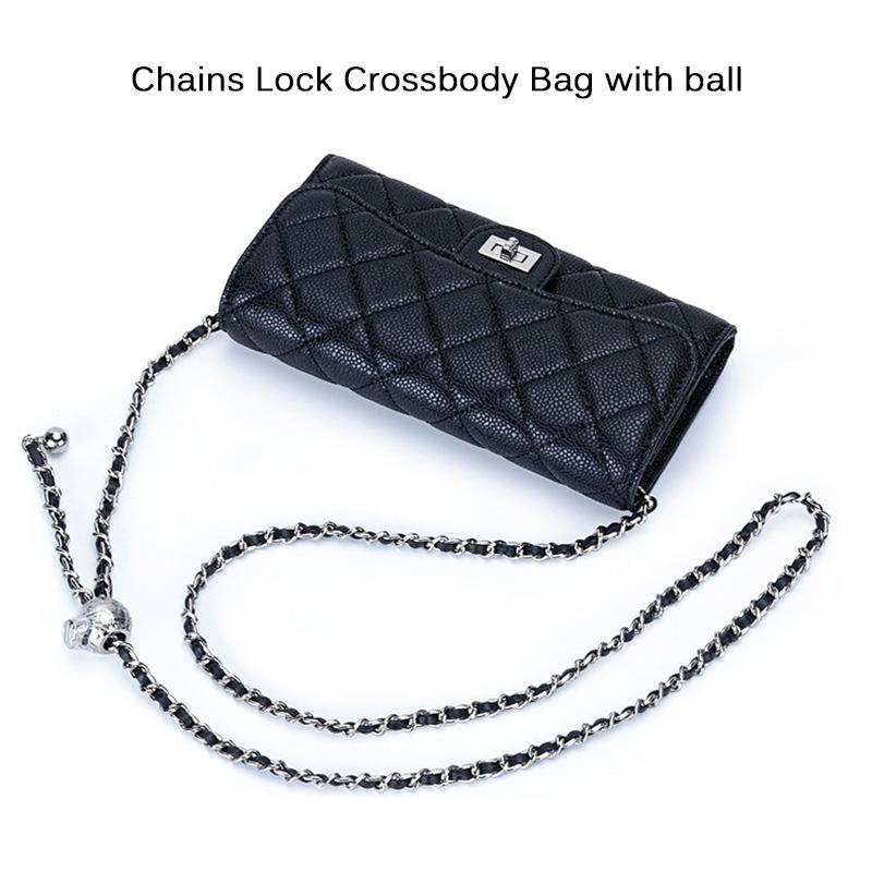 Genuine Leather Caviar Crossbody Bags For Women Diamond Quilted Small Shoulder Bag With Ball Chains Lock Handbag Silver-tone Purse No Logo