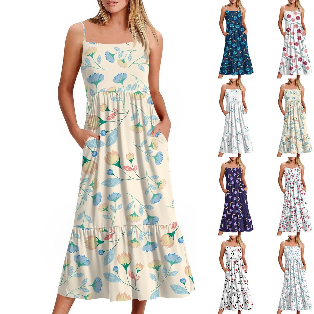 Kvinners Lang Strand Casual Elegant Spaghettistropp Maxi Kjole Blomstret Diskret Flytende Bohemsk Kjole