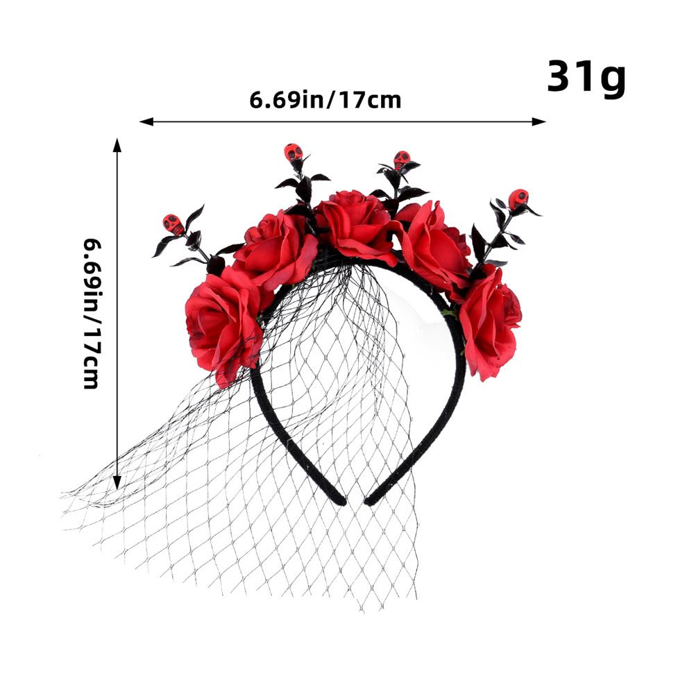 New Halloween Rose Flower Hair Band Hair Hoop Skull Crown Headband with Black Veil Costume Party Performance Cosplay Headwear