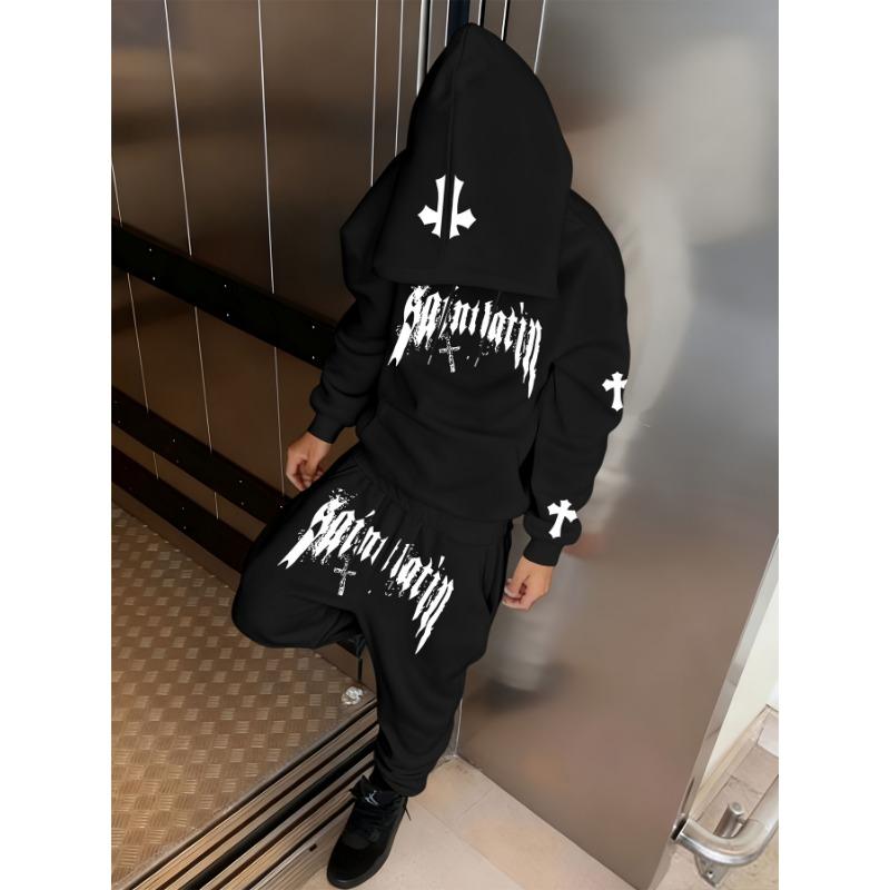 Conjunto de 2 piezas para hombre con Sudadera con capucha y Estampado de Letras y Pantalones de Chándal con Cordón y Bolsillo Sudadera con Capucha Pantalones Jogger Ropa Deportiva Informal para Exteriores para Hombre