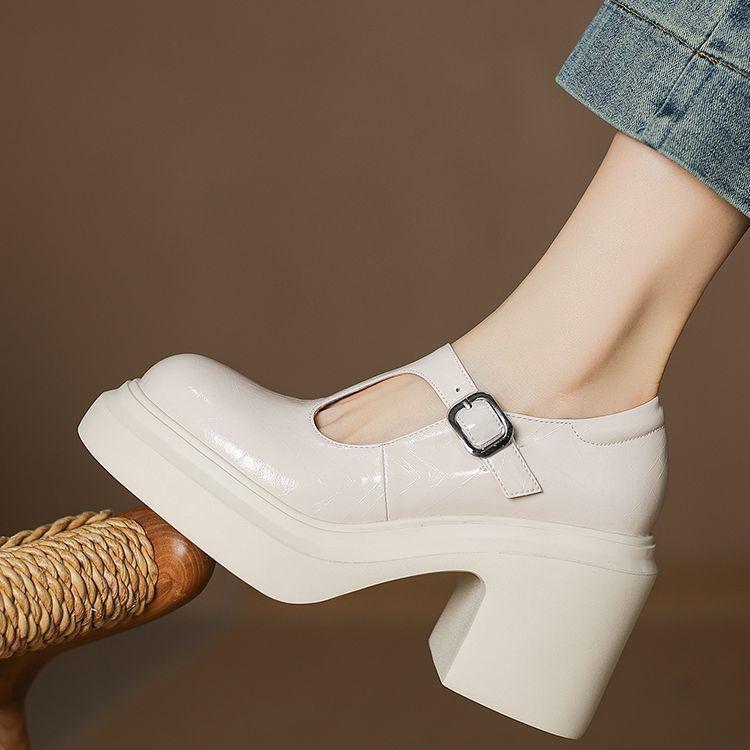 White Fashion Thick Heel Single Shoes Women's 2025 Spring Small Mary Jane Shoes One-button Platform High Heel Small Leather Shoes