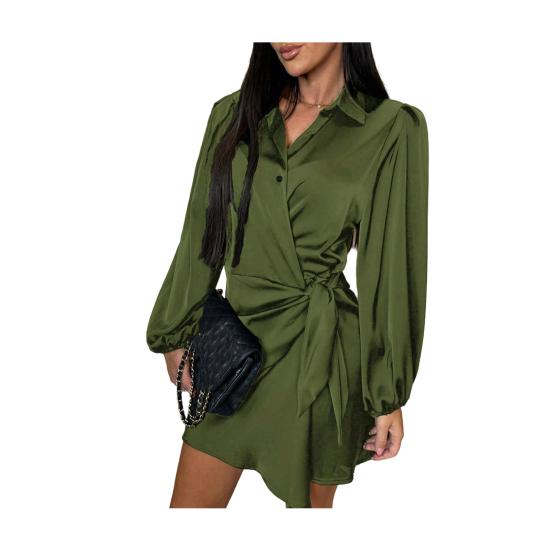Women's Satin Shirt Dress V Neck Long Sleeve Wrap Dress Casual Tie Waist Mini Dress Party Club Short Dress