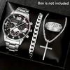 Luxury Men Business Quartz Watches 4pcs Set Gold Alloy Roman with Calendar Wrist Watch Cross Necklace Bracelet Ring Set Men Gift