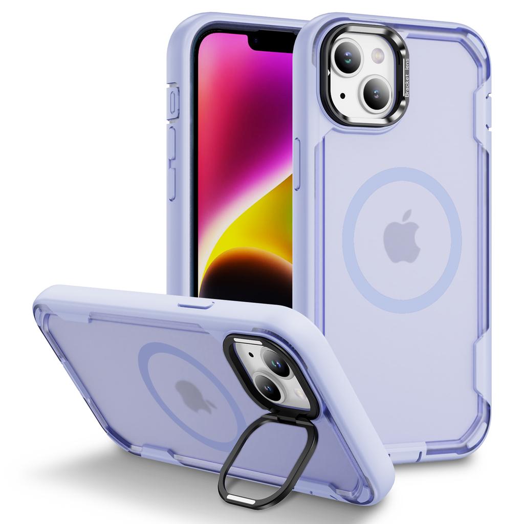 For iPhone 14/13 Case Compatible with MagSafe Lens Frame Kickstand TPU+PC Shockproof Phone Cover