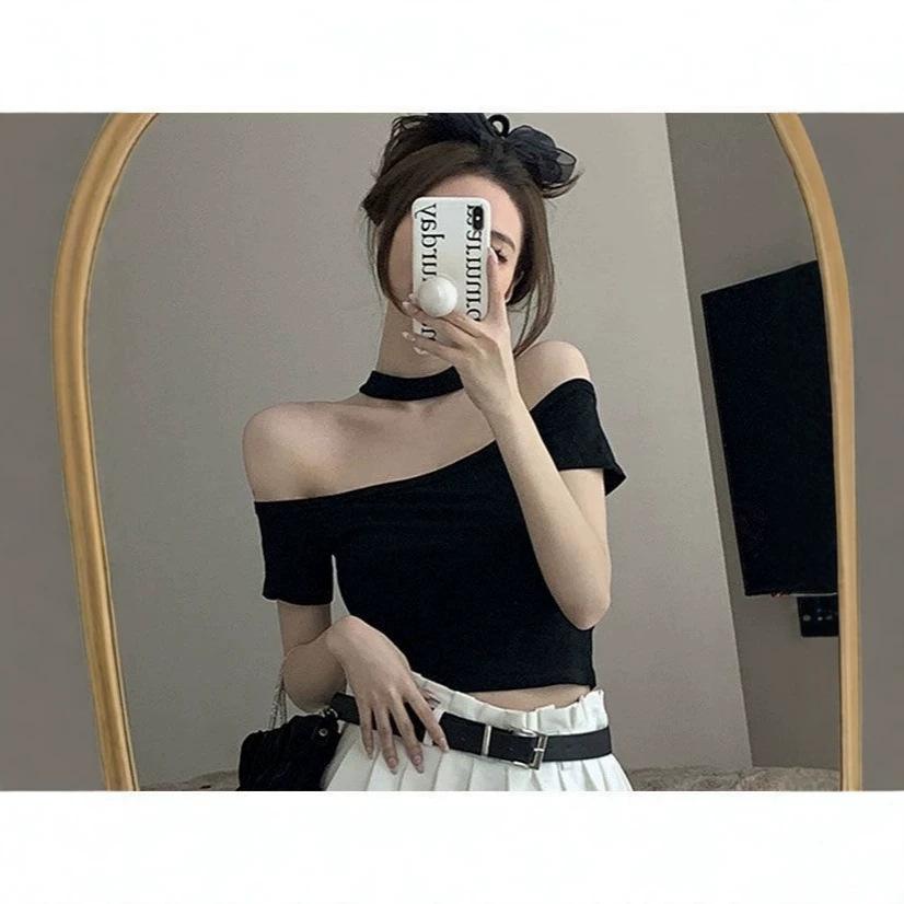 Pure desire one-word shoulder neck T-shirt women's summer new design sense slim and thin short off-shoulder short-sleeved top