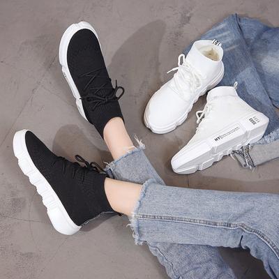 Skarpetki i buty damskie 2024 wiosna i jesień nowe buty sportowe casual na grubej podeszwie typu muffin, elastyczne, tkane w locie, hip-hopowe buty wysokie