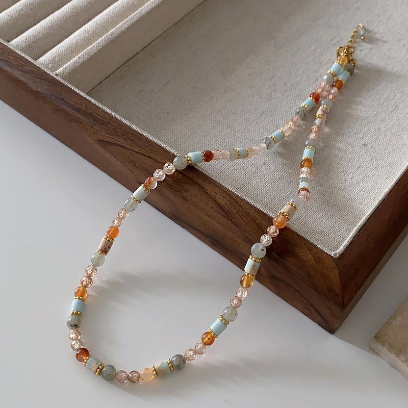 Tiger'S Eye Beaded Halskjede Maillard Oval Premium Genserkjede Titanium Stål Vintage Coffee Naturstein Clavicle Chain