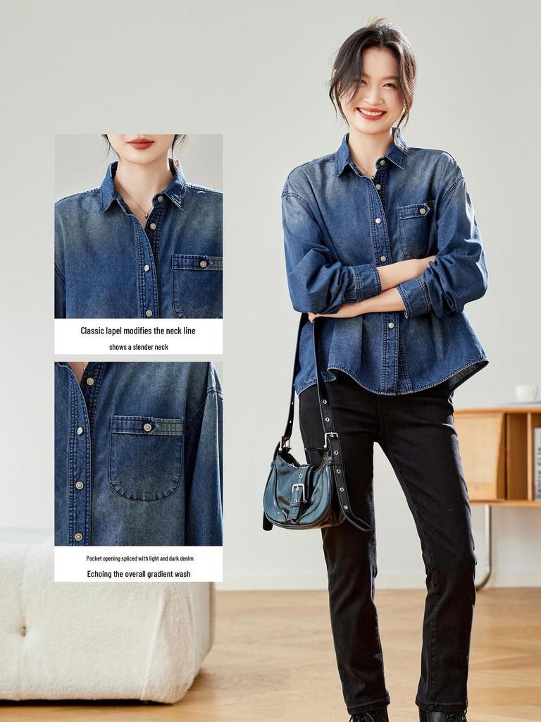 Retro Denim Blue Women's Long Sleeve Shirt Jacket - 2025 Autumn/Winter Fashion
