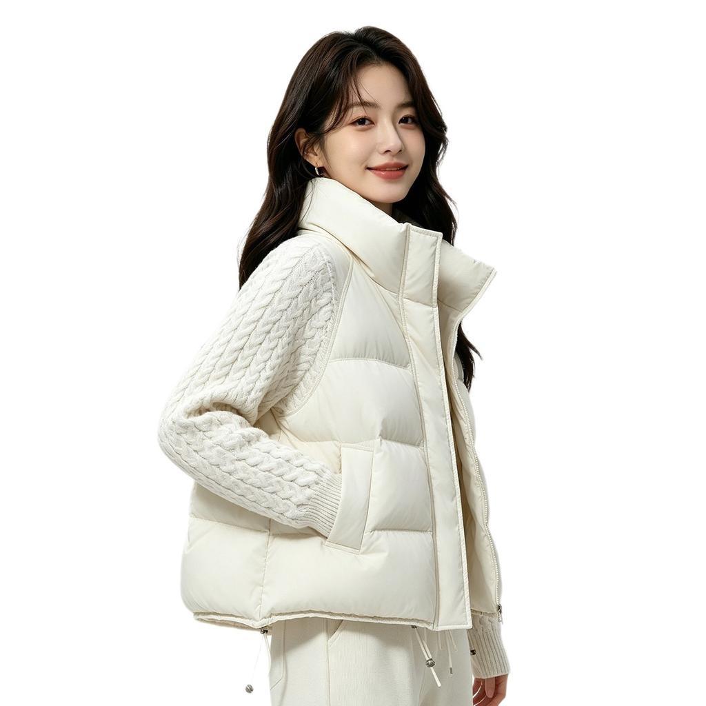 Simple style fake two-piece cotton-padded coat women's twist knitted sleeves stand-up collar short winter coat direct supply