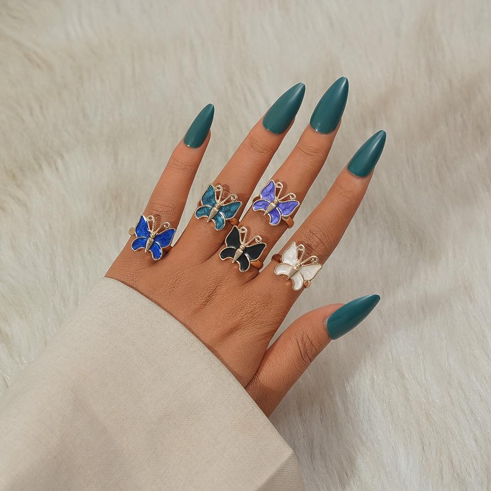 Personalized Ring, Fashionable Multi-Colored Butterfly Oil Drip Opening 5-Piece Set, Ring Jewelry.