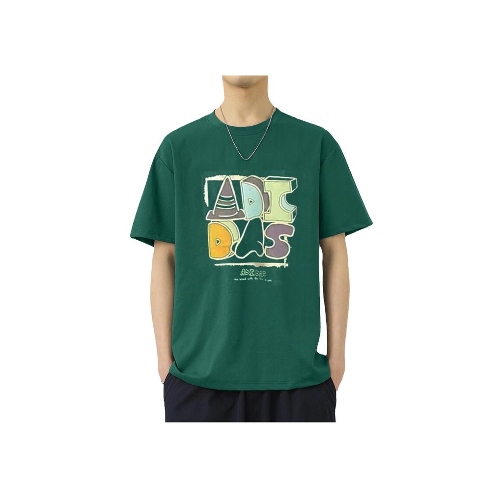 adidas Graficzny T-shirt Kreskówkowy Nadruk Literowy Sportowy Casual Krótki Rękaw Męskie Topy Leśno-Zielony JN4891