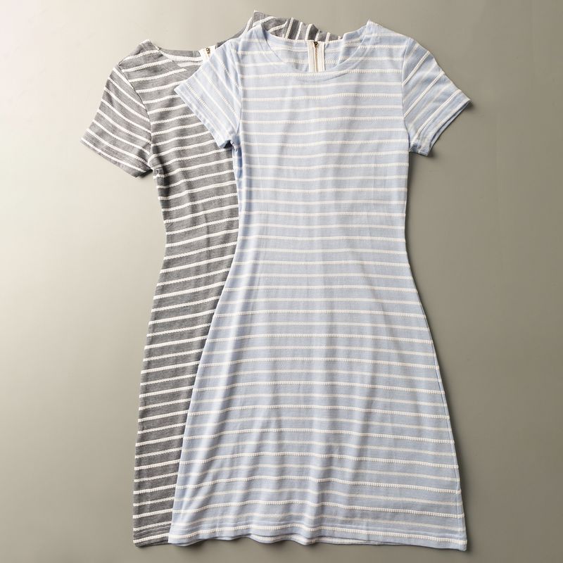 

Summer Export K-style New Arrival Versatile Simple Casual Fashion round Neck Short Sleeve Pullover Dress Light blue white stripes S