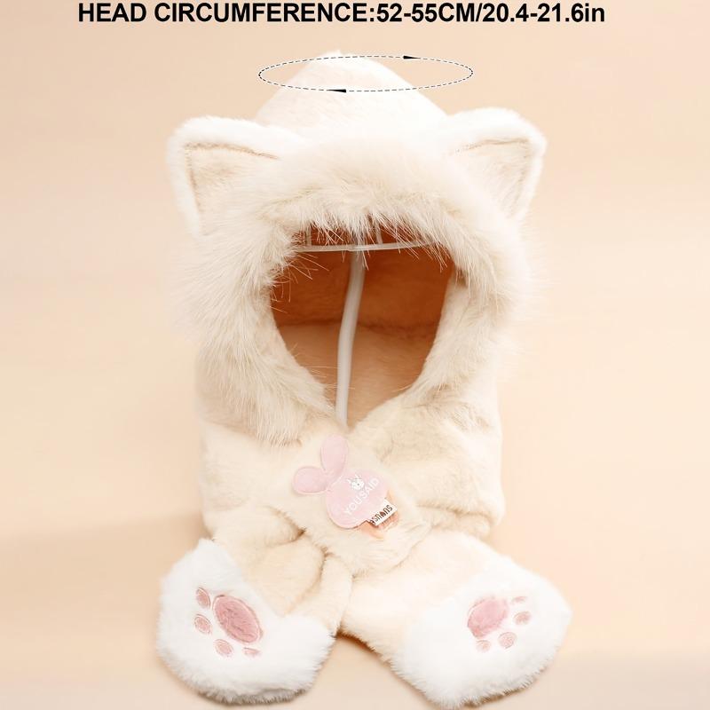 Youngsters Cute Cat Ear Winter Plush Thickened Ear and Neck Protection Daily Warm Cat Paw Embroidery Hat and Scarf Combo