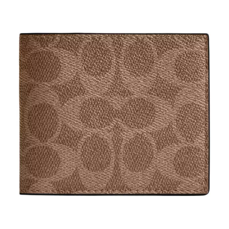 COACH 10 Id Billfold Branded Embossed Print Coated Canvas Wallet Regular Men s Tan & Black Tan and black чёрный