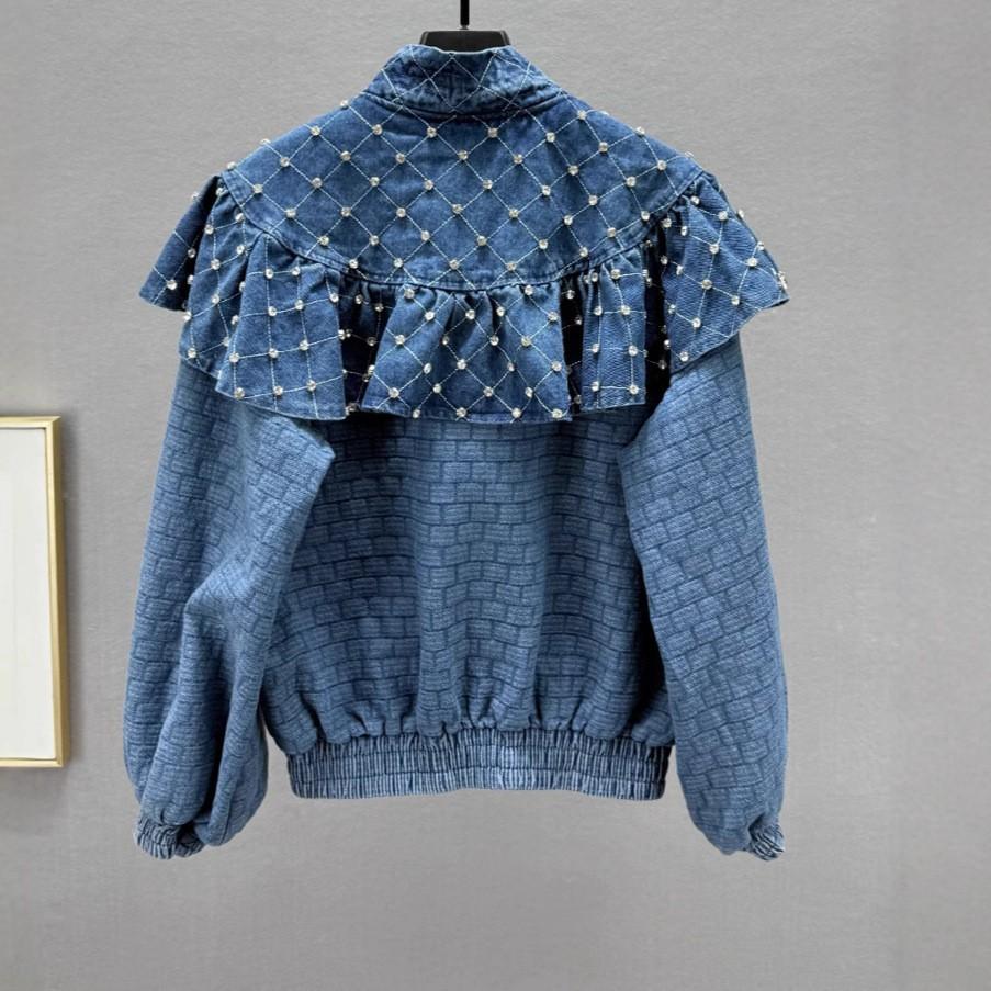 Heavy Industry Diamond-encrusted Denim Jacket Women's Spring New Loose and Thin European Ruffle Edge Splicing Top Trendy Brand