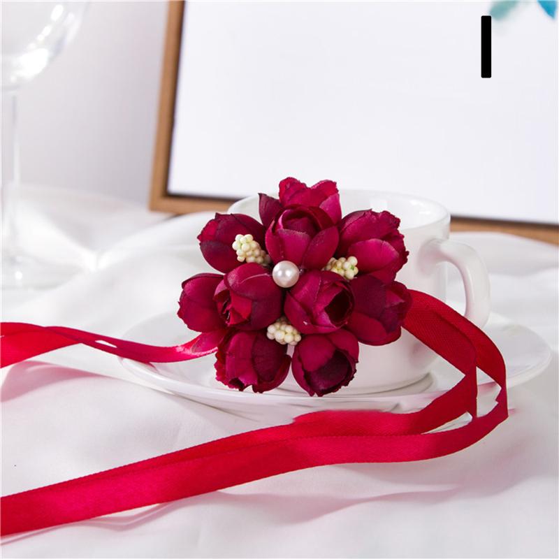 4 Bracciali Con Fiore Da Sposa In Tessuto - Rosa Rosso E Giallo Con Nastro, Per Matrimoni E Festeggiamenti