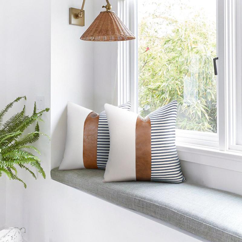 Pu+linen Linen Stitching Pillowcase Sofa Waist Cushion Pillow Cover Stripe Simple Cushion Case
