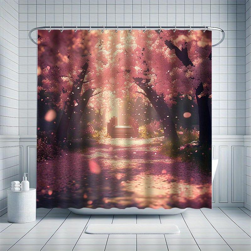 Mooie Kersenhout Douchegordijn Set, Bloeiende Kerselaar, Prachtig Landschap, Badkuip Afscheiding, Moderne Badkamer Decoratie