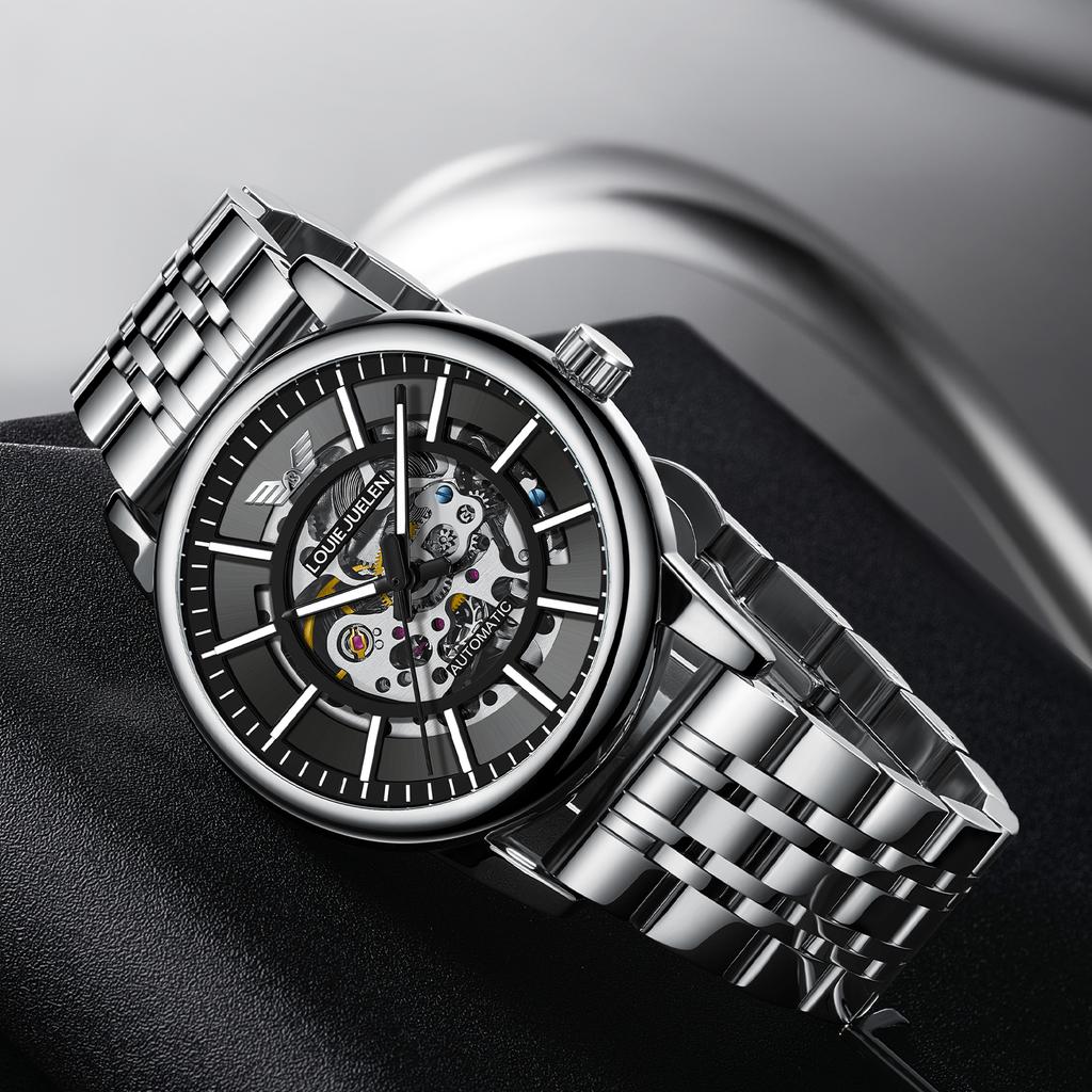 LOUIE JUELEN 43MM Men's Fully Automatic Mechanical Watch Stainless Steel Wristwatch Luxury Skeleton Luminous Montre Uhr 3BAR Waterproof Watch