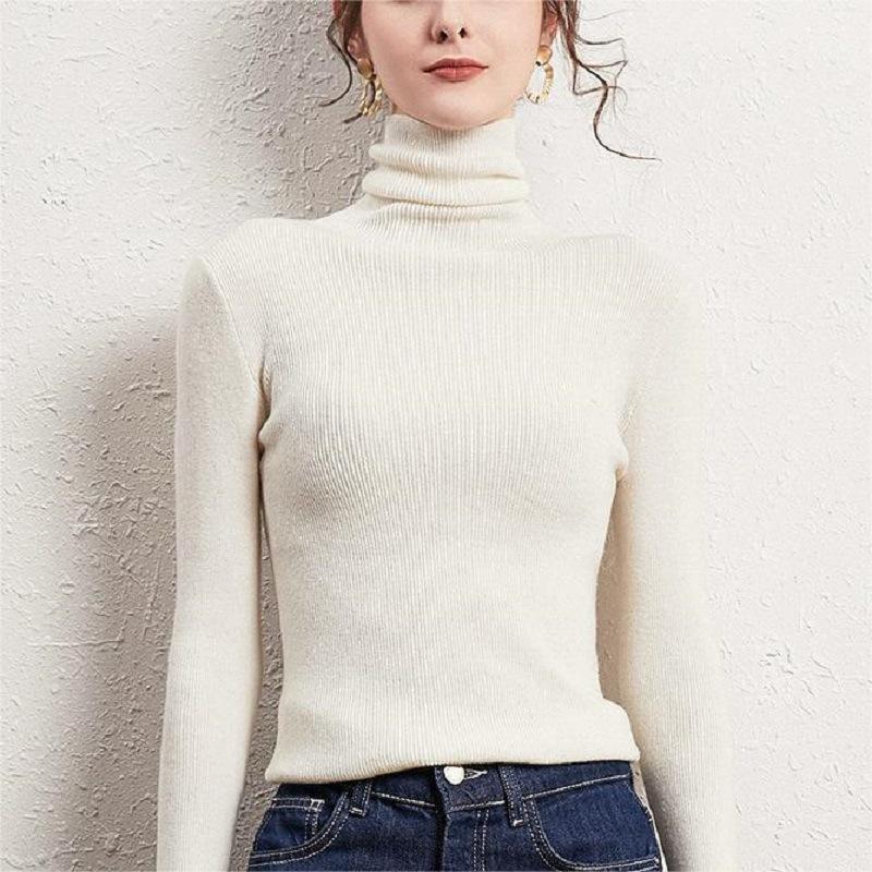 Soft waxy pile-neck knitted bottoming shirt for women, slim spring and autumn style temperament versatile solid color turtleneck bottoming