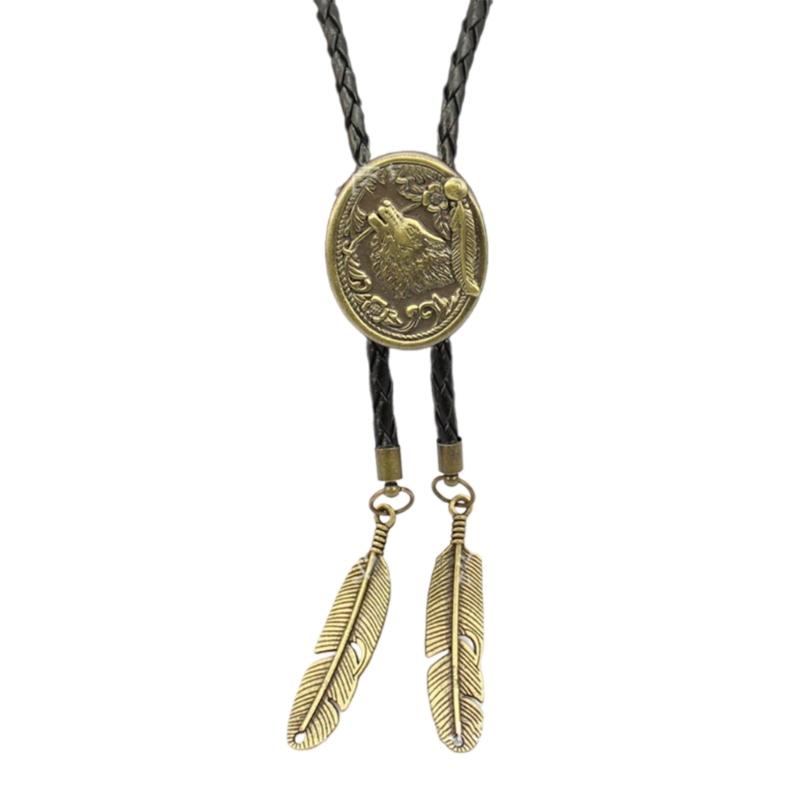 Metal Wolf Bolo Tie Wolf Necktie for Shirt Jeans Western Necklace Braided Shoestring Necktie Bolo Tie
