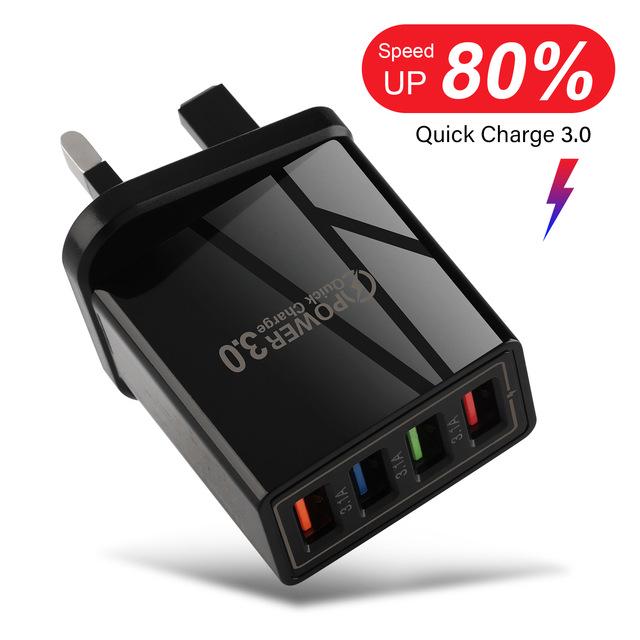Colorful 4-Port USB Travel Charger, 3A for Mobile Phones and Tablets, US/EU Plug