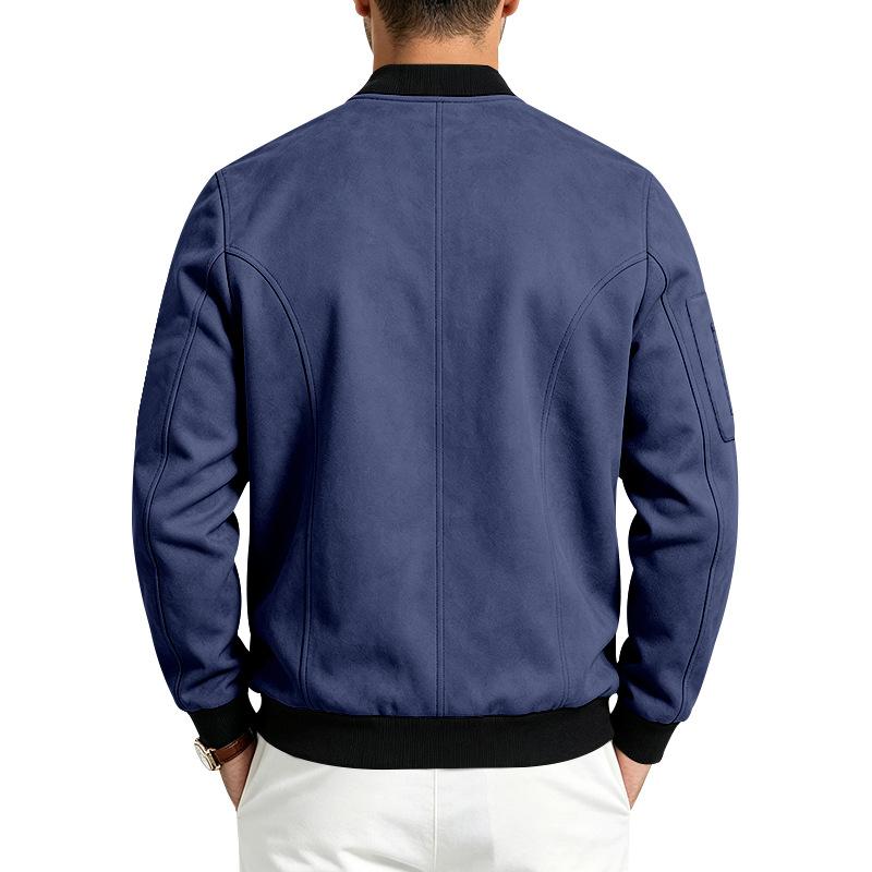 Autumn and Winter Men's Suede Solid Color Patchwork Casual Sports Stand Up Collar Button Jacket Long Sleeved Jacket Cardigan