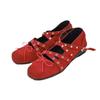 Red Bow Single Shoes Women's French Retro Small Leather Shoes 2025 Spring New Rivet Belt Buckle Ballet Flats