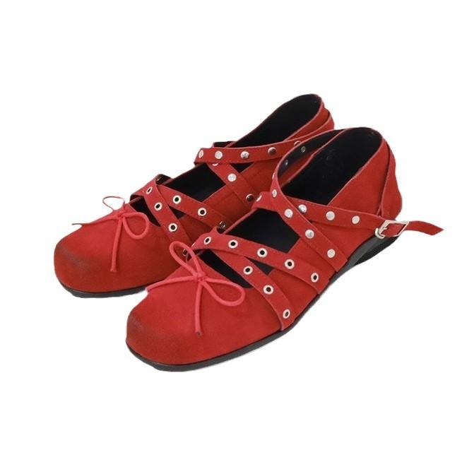 Red Bow Single Shoes Women's French Retro Small Leather Shoes 2025 Spring New Rivet Belt Buckle Ballet Flats