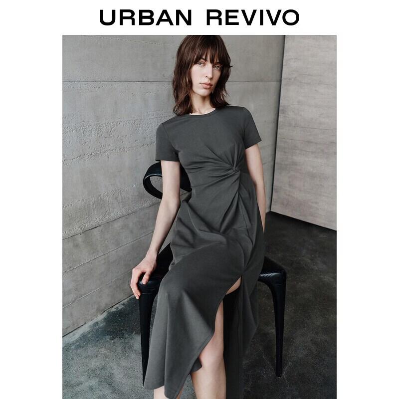 UR2026 Women's Pleated Round Neck Slim Fit Dress