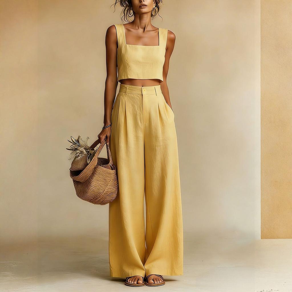 Women's Casual Square Neck Wide Leg Pants Set, Loose Sleeveless Vest Two-piece Set