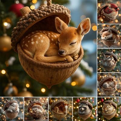 Bosdier Eikel Ornamenten Gezellige Dennenappel Dieren Kerst Ornamenten 2D Acryl Boswezen Hangend Ornament voor Natuurliefhebbers