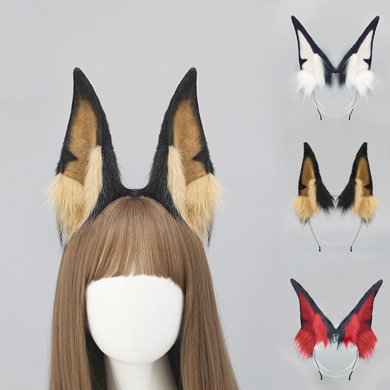 Handmade Plush Dog Ear Headband Cosplay Accessory Anime Conventions Doberman Style Ears In Brown White Red
